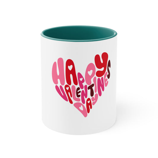 Valentine Heart Accent Mug — "Happy Valentine" Pink & Red 11oz