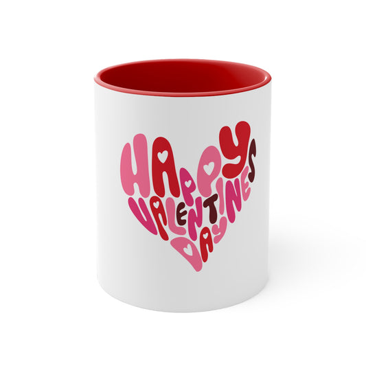 Valentine Heart Accent Mug — "Happy Valentine" Pink & Red 11oz